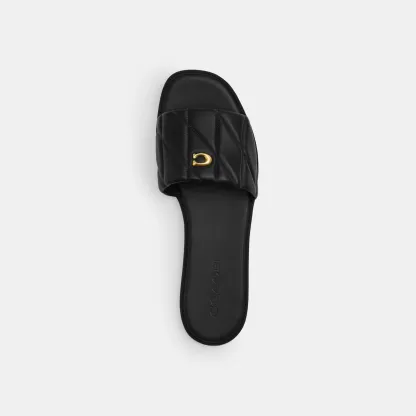 COACH®,Holly Sandal With Quilting,Rubber,Leather,Slides,Metal,Logo,Traction,Cushioned,Casual,Black,Inside View,Top View