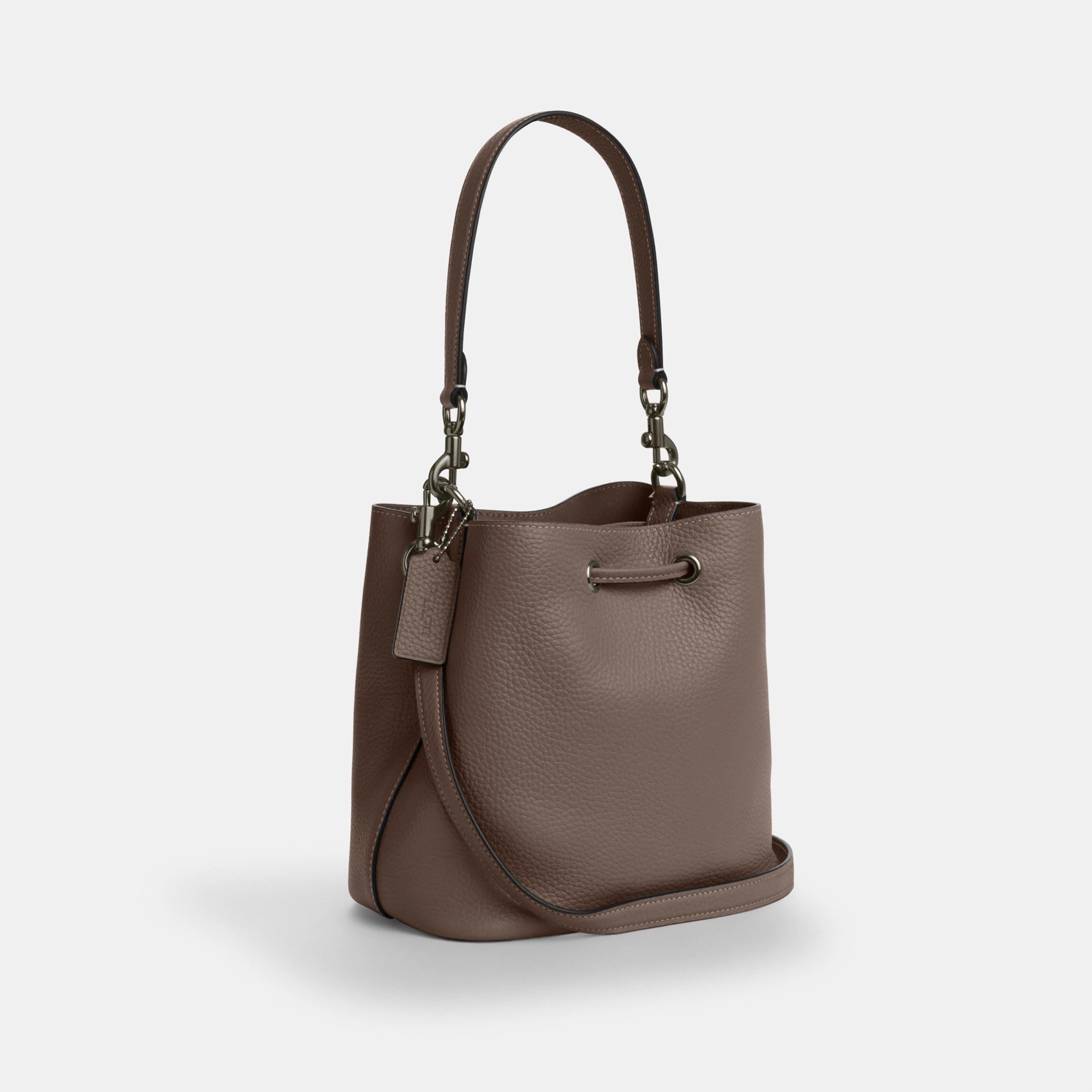 COACH®,Rowan Bucket Bag,Leather,Bucket,Metal,Logo,Casual,Brown,Angle View
