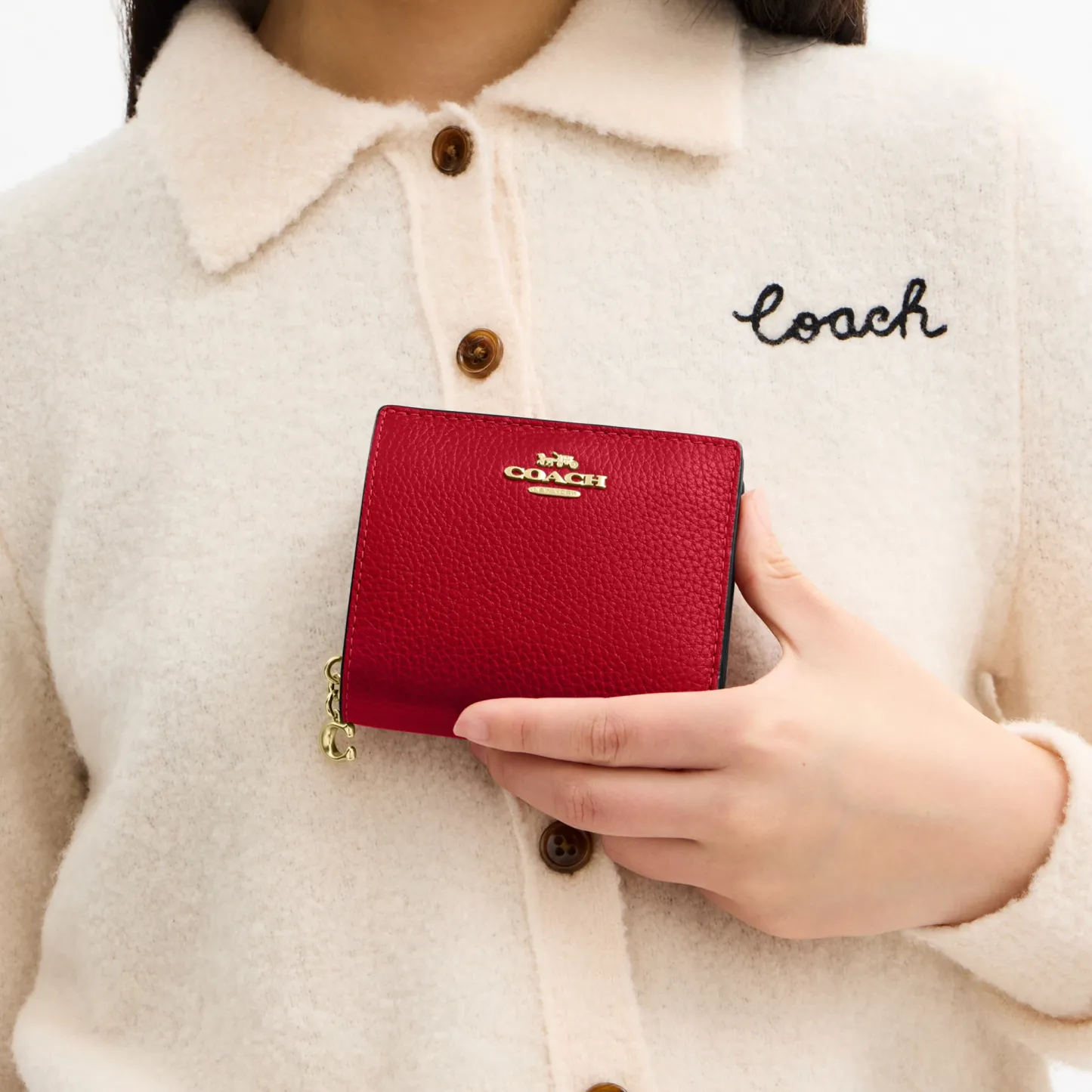 COACH®,Snap Wallet,Leather,Bi Fold,Gold Metal,Casual,Red,Detail View