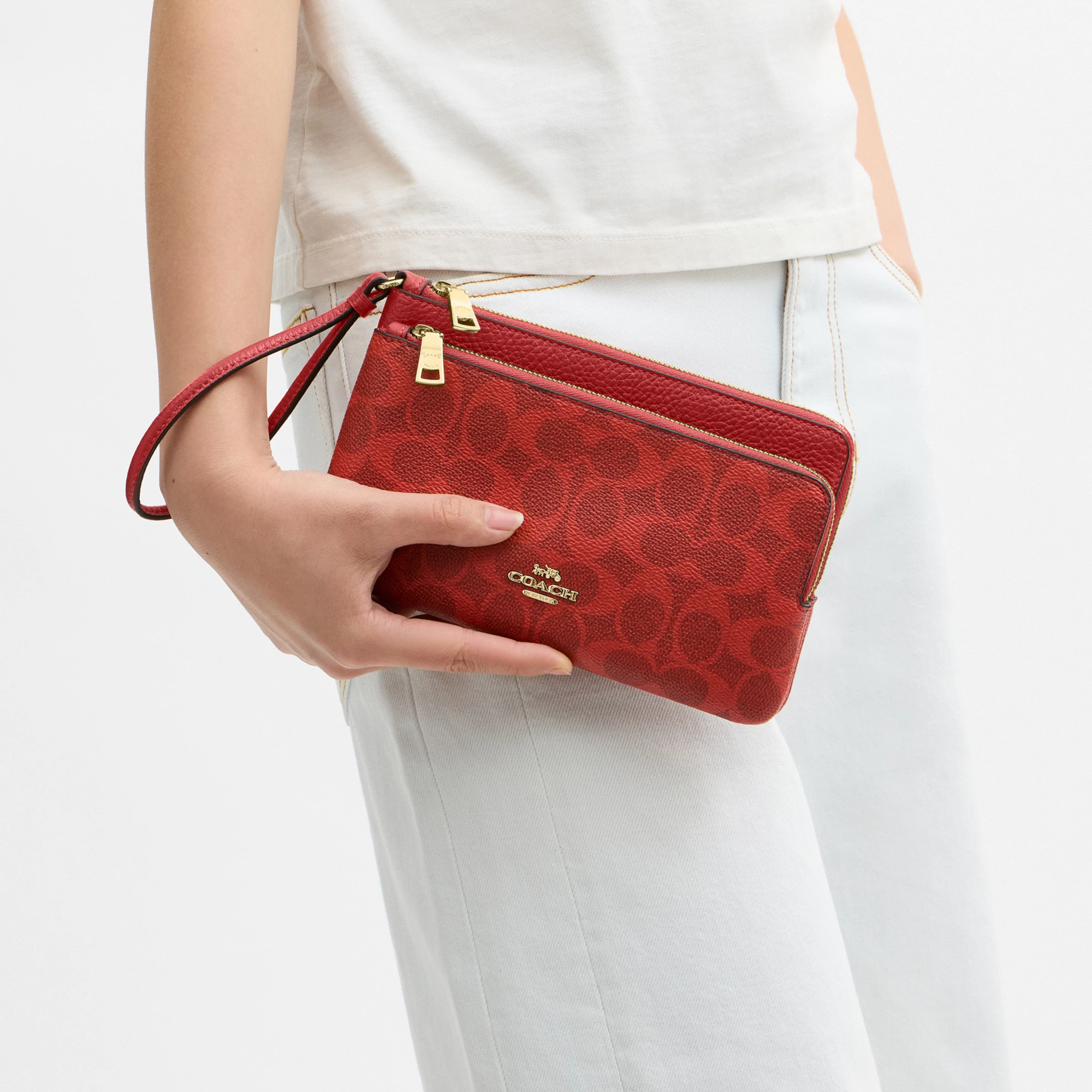 COACH®,Double Zip Wallet In Signature Canvas,Continental,Coin,Color Block,Casual,Red,Detail View