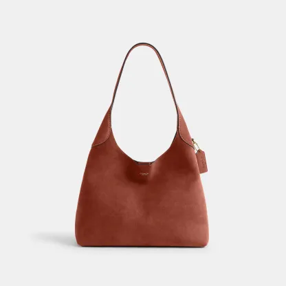 COACH®,Brooklyn Shoulder Bag 34,Suede,Hobo,Brass,Casual,Brown,Front View
