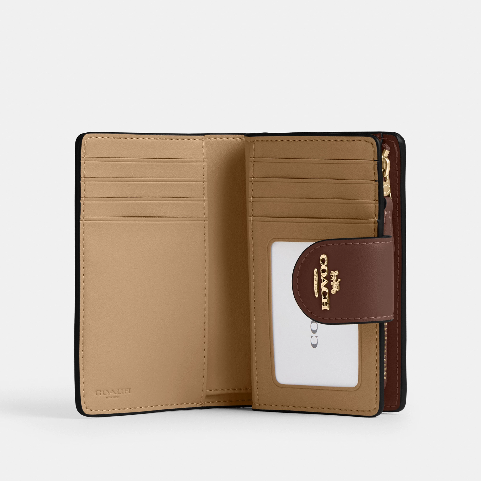 COACH®,Medium Corner Zip Wallet In Signature Canvas,Bi Fold,Coin,Sustainable,Casual,Brown,Inside View,Top View