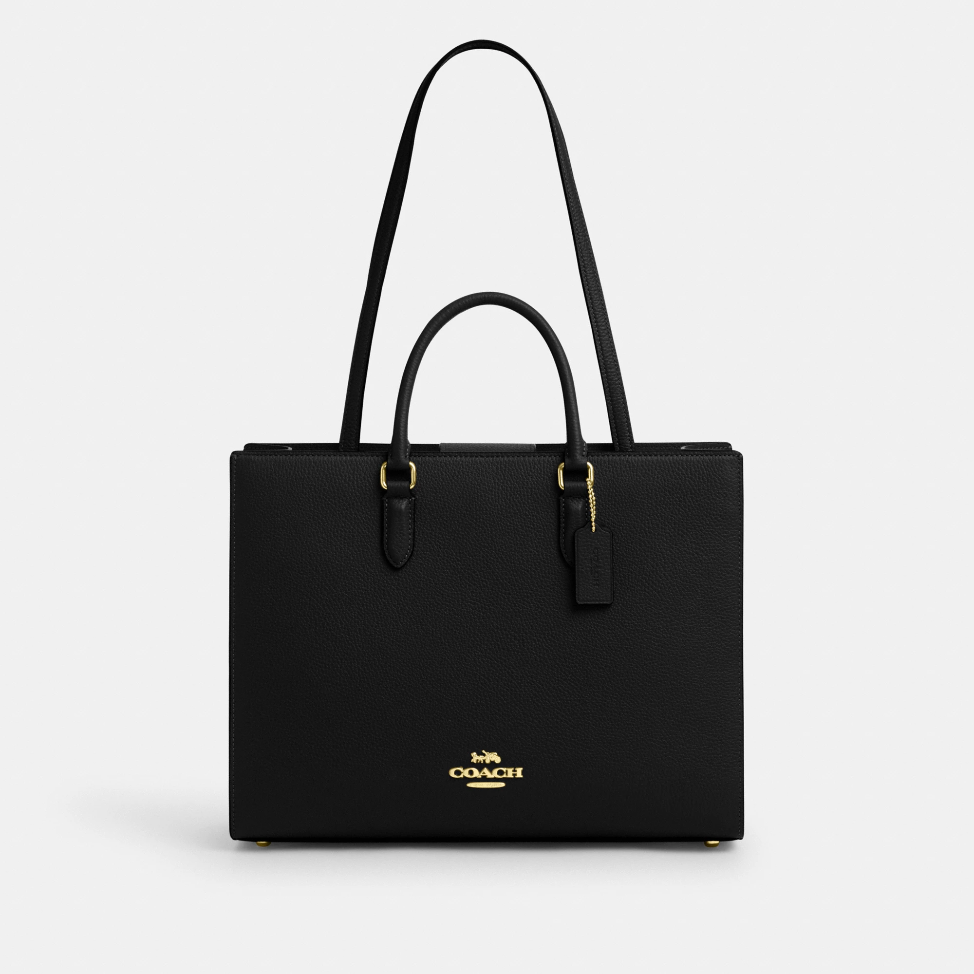 COACH®,Maggie Tote Bag,Leather,Tote,Logo,Embossed,Metal,Work,Black,Front View
