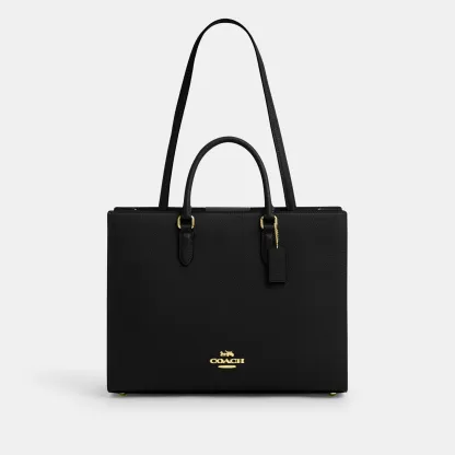 COACH®,Maggie Tote Bag,Leather,Tote,Logo,Embossed,Metal,Work,Black,Front View