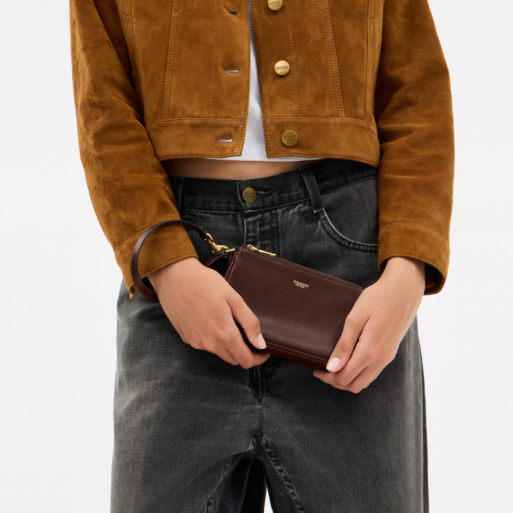 COACH®,Plaza Bag 18,Leather,Shoulder Bag,Compact,Lined,Adjustable,Brass,Gold Metal,Day Party,Brown,Detail View