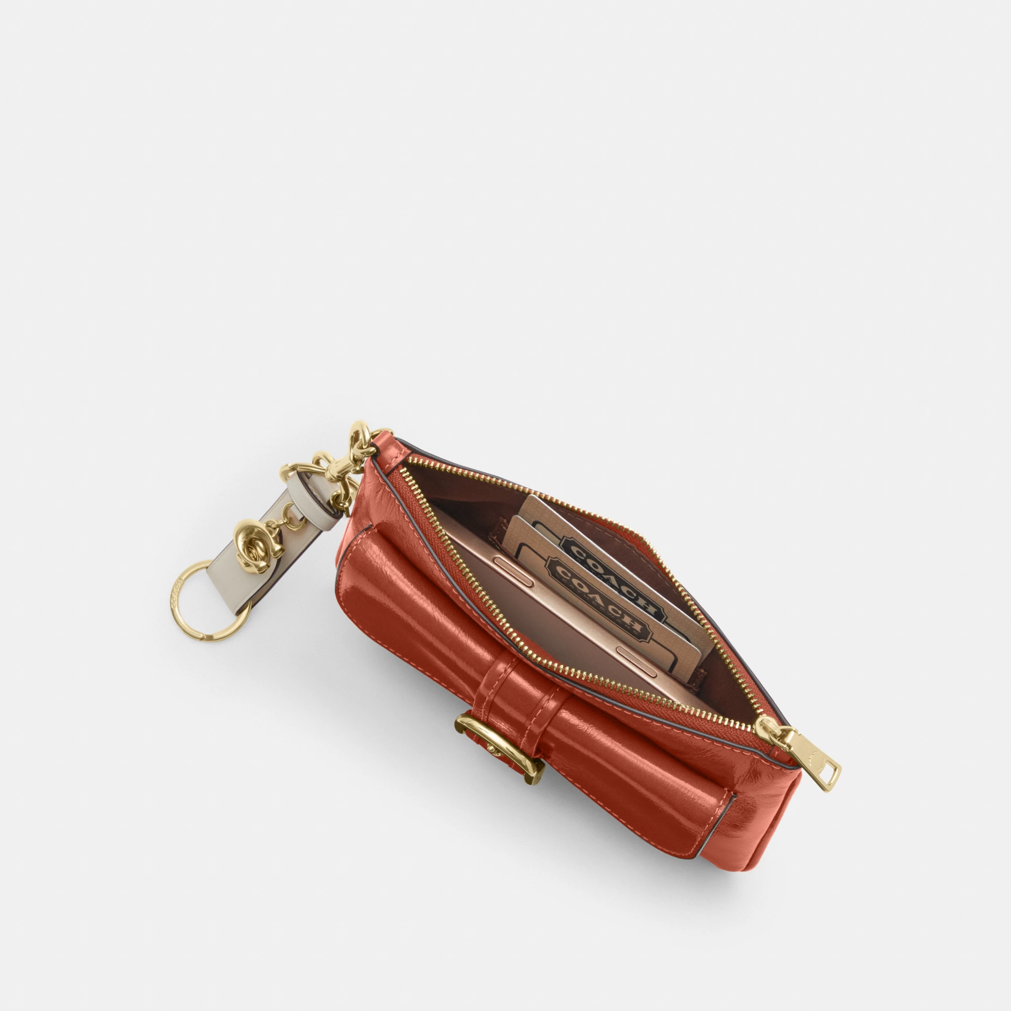 COACH®,Ashton Wristlet,Leather,Recycled Polyester,Pouch,Wristlet,Casual,Brown,Inside View,Top View