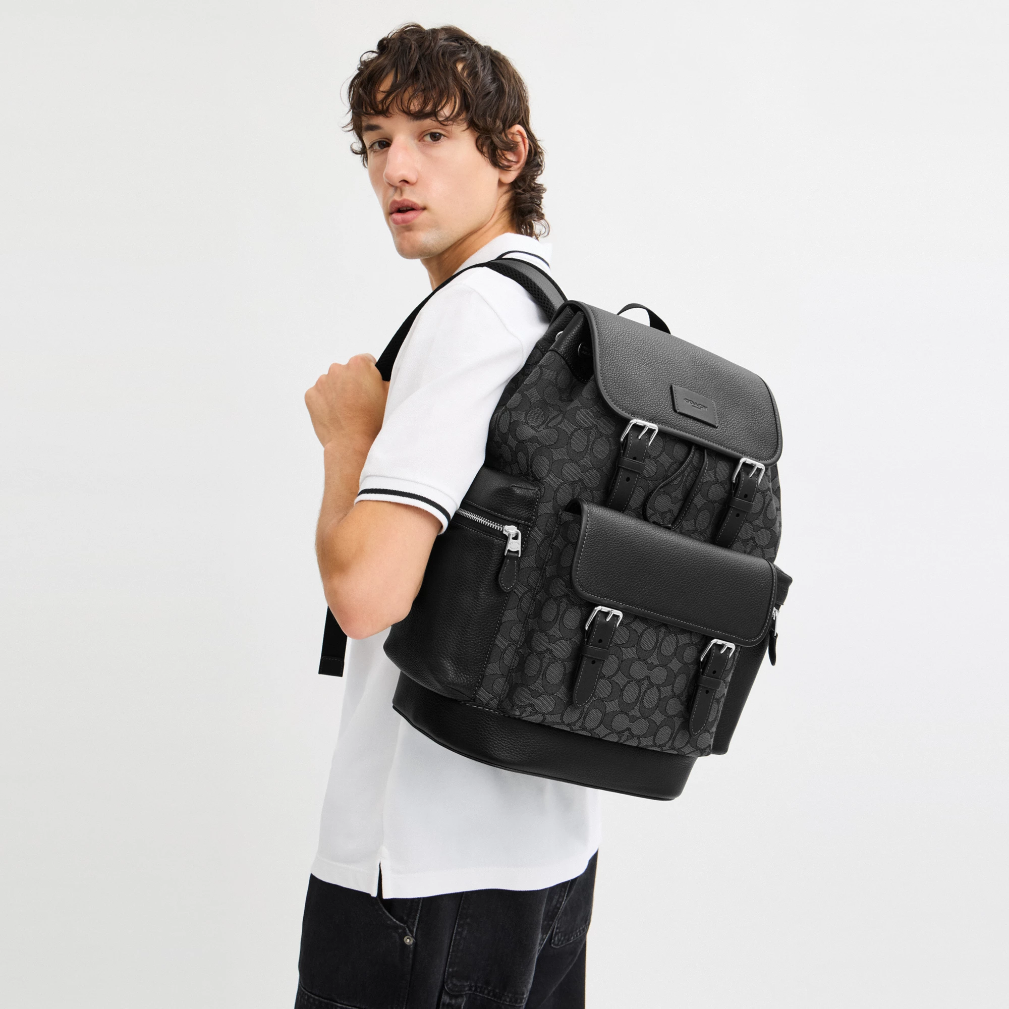 COACH®,Sprint Backpack In Signature Jacquard,Calfskin Leather,Canvas,Backpack,Adjustable,Casual,Black,Detail View