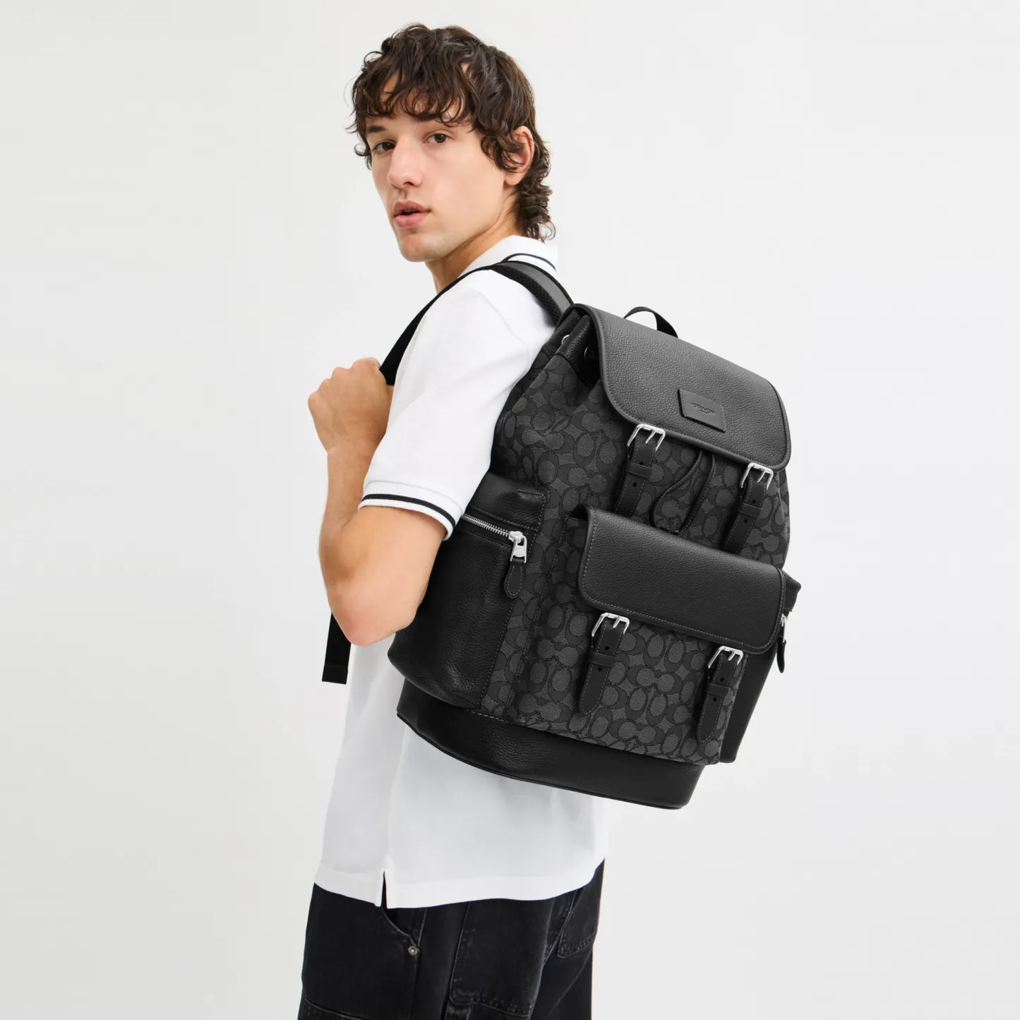 COACH®,Sprint Backpack In Signature Jacquard,Calfskin Leather,Canvas,Backpack,Adjustable,Casual,Black,Detail View