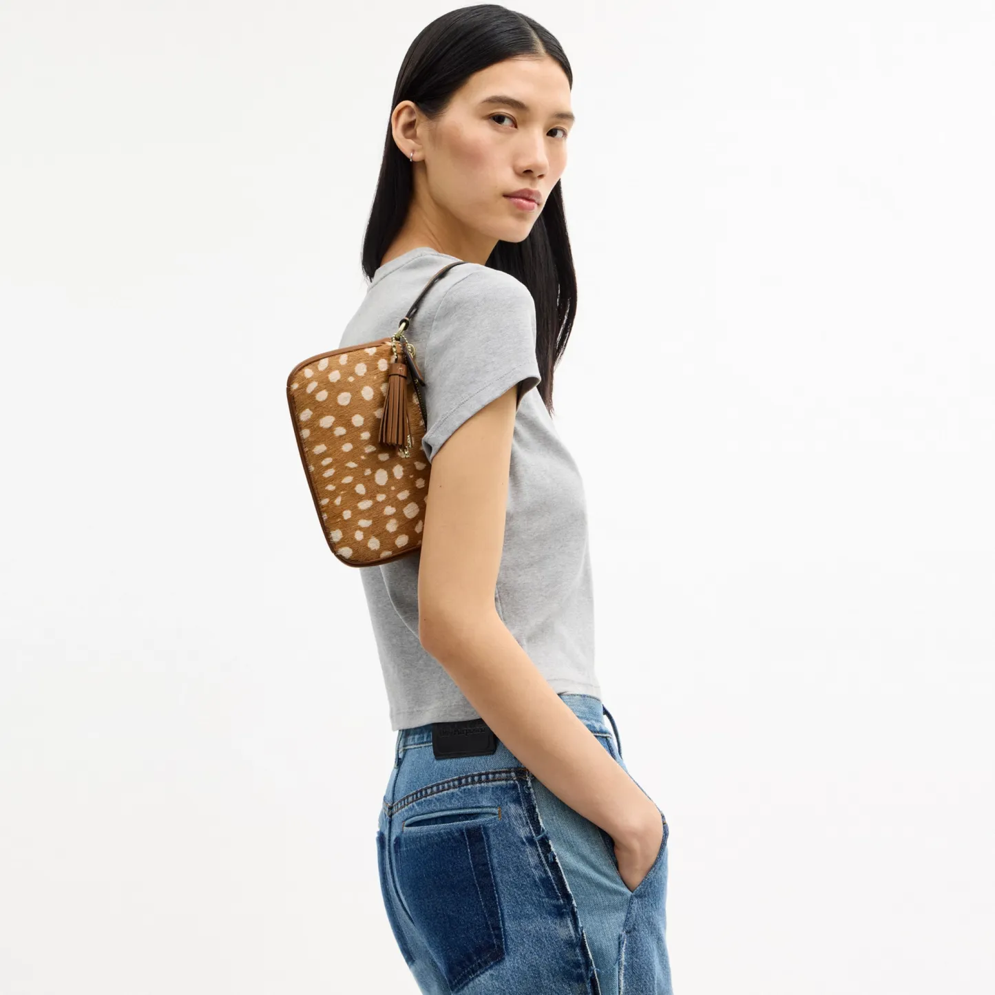 COACH®,Nolita 19 With Deer Print,Recycled Polyester,Calf Hair,Leather,Pouch,Metal Material,Lined,Sustainable,Gold Metal,Ca...,Brown,Detail View