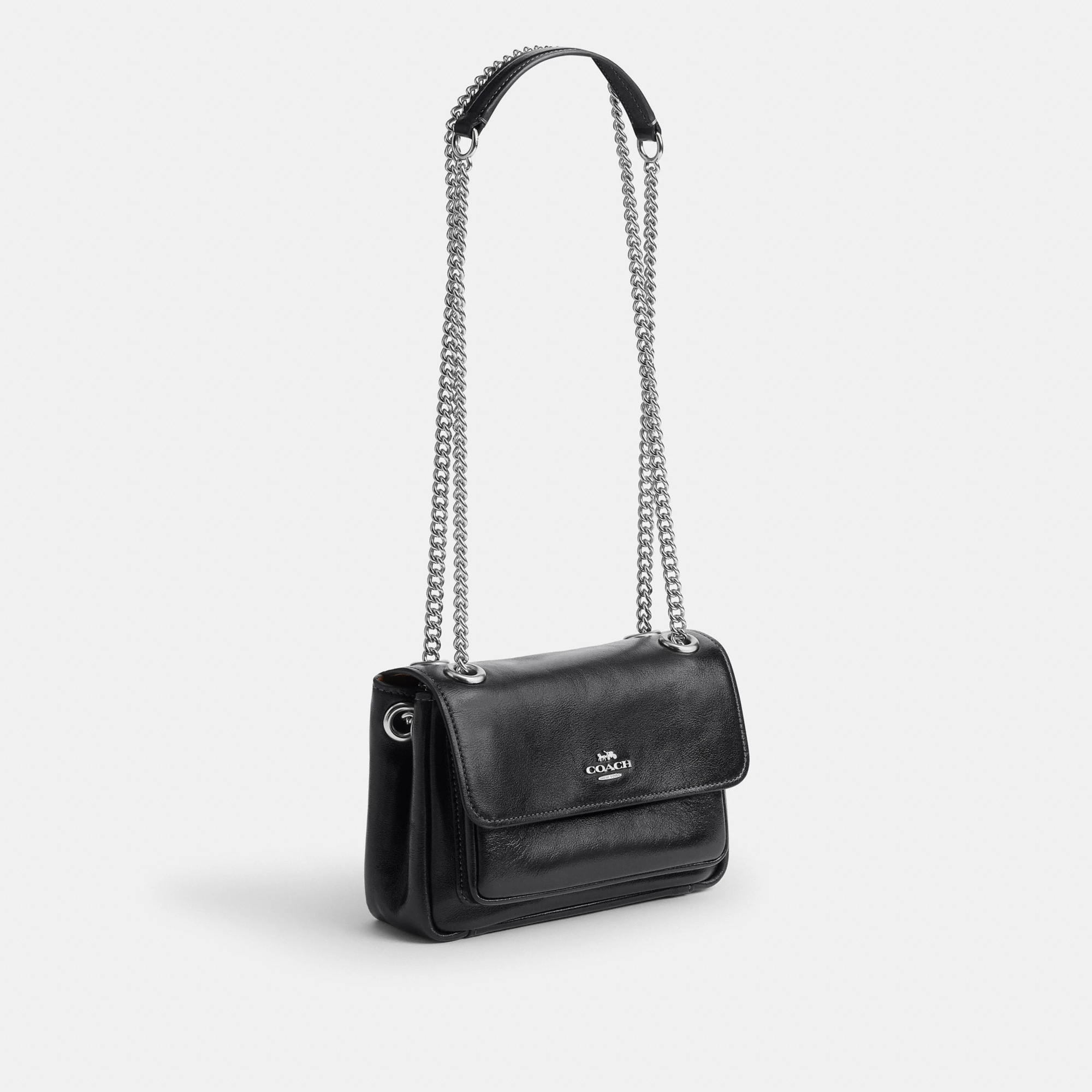 COACH®,Elodie Crossbody Bag 18,Leather,Recycled Polyester,Crossbody,Logo,Sustainable,Adjustable,Silver Metal,Casual,Black,Angle View