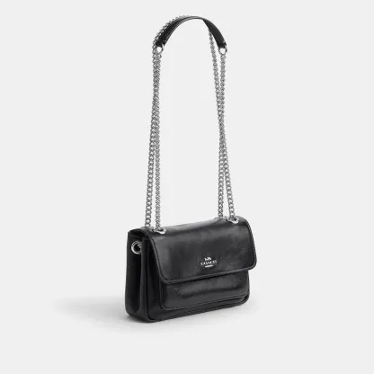 COACH®,Elodie Crossbody Bag 18,Leather,Recycled Polyester,Crossbody,Logo,Sustainable,Adjustable,Silver Metal,Casual,Black,Angle View