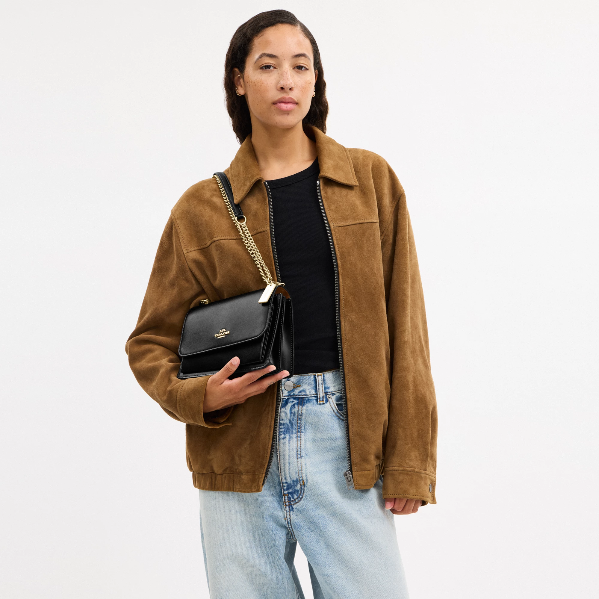 COACH®,Klare Crossbody Bag,Calfskin Leather,Leather,Crossbody,Metal,Logo,Luggage Tag,Adjustable,Lined,Compact,Gold Metal,D...,Black,Detail View