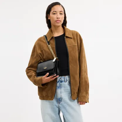 COACH®,Klare Crossbody Bag,Calfskin Leather,Leather,Crossbody,Metal,Logo,Luggage Tag,Adjustable,Lined,Compact,Gold Metal,D...,Black,Detail View