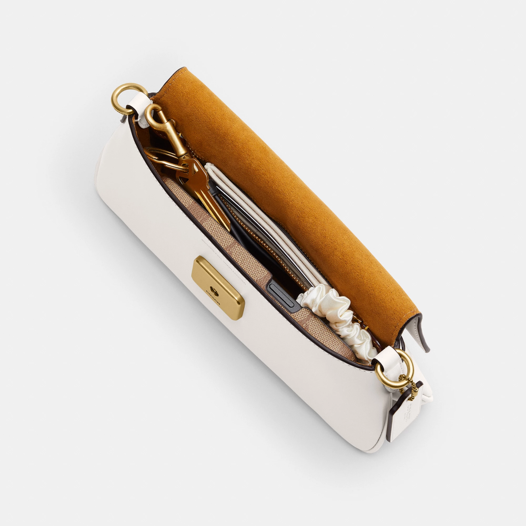 COACH®,Jet Shoulder Bag,Calfskin Leather,Shoulder Bag,Logo,Metal,Gold Metal,Casual,White,Inside View,Top View