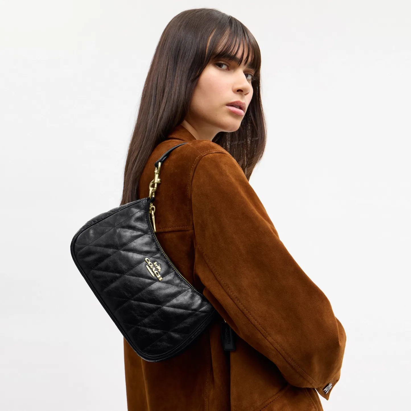 COACH®,Teri Shoulder Bag With Quilting,Recycled Polyester,Leather,Shoulder Bag,Metal,Logo,Silver Metal,Casual,Black,Detail View
