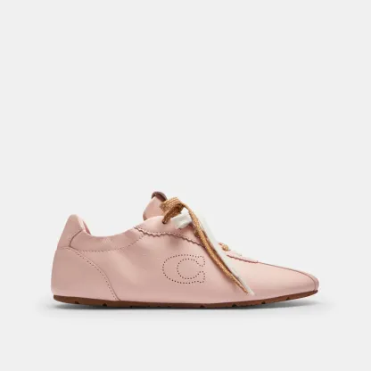 COACH®,Soft Sneaker,Rubber,Leather,Casual,Low Top,Fabric,Perforated,Logo,Pull Tab,Casual,Pink,Angle View