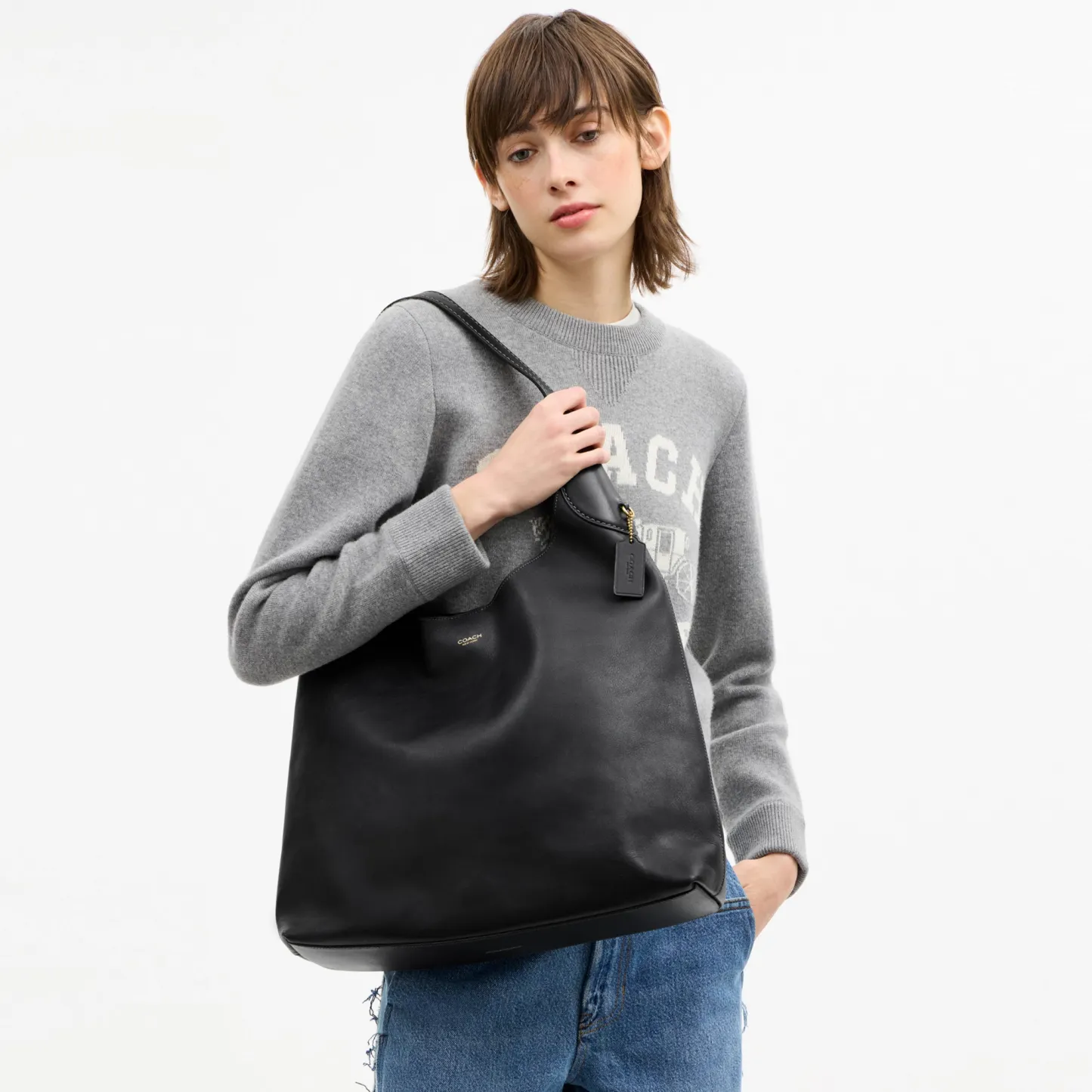 COACH®,Brooklyn Shoulder Bag 39,Hobo,Logo,Word Embellishment,Embossed,Casual,Black,Detail View