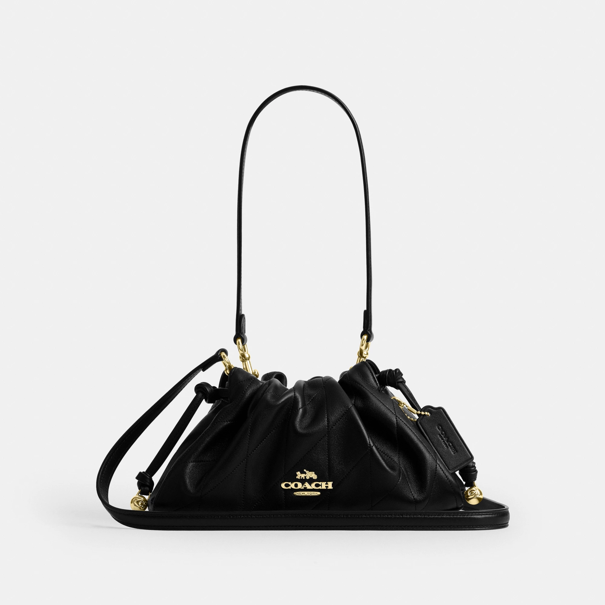 COACH®,Faye Shoulder Bag With Quilting,Shoulder Bag,Ball Embellishment,Logo,Metal,Lined,Adjustable,Gold Metal,Day Party,Black,Front View