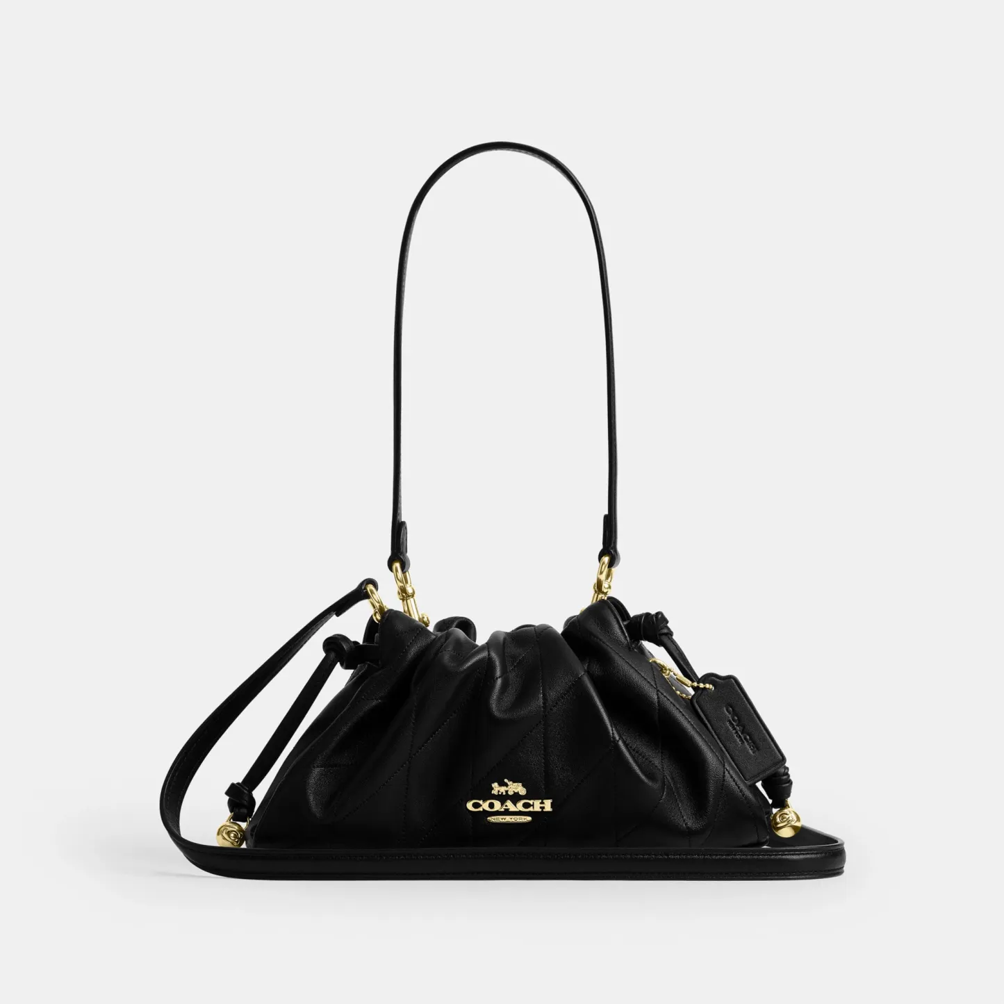 COACH®,Faye Shoulder Bag With Quilting,Shoulder Bag,Ball Embellishment,Logo,Metal,Lined,Adjustable,Gold Metal,Day Party,Black,Front View