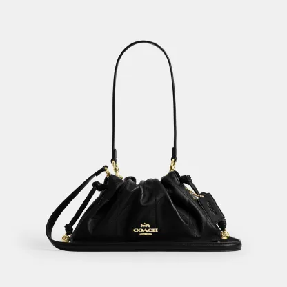 COACH®,Faye Shoulder Bag With Quilting,Shoulder Bag,Ball Embellishment,Logo,Metal,Lined,Adjustable,Gold Metal,Day Party,Black,Front View
