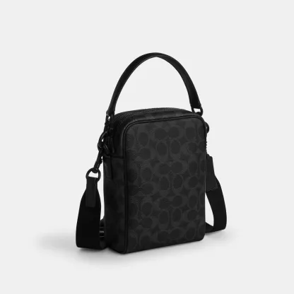 COACH®,Tristan Crossbody Bag 14 In Signature Canvas,Canvas,Leather,Recycled Polyester,Crossbody,Logo,Convertible,Sustainab...,Black,Angle View