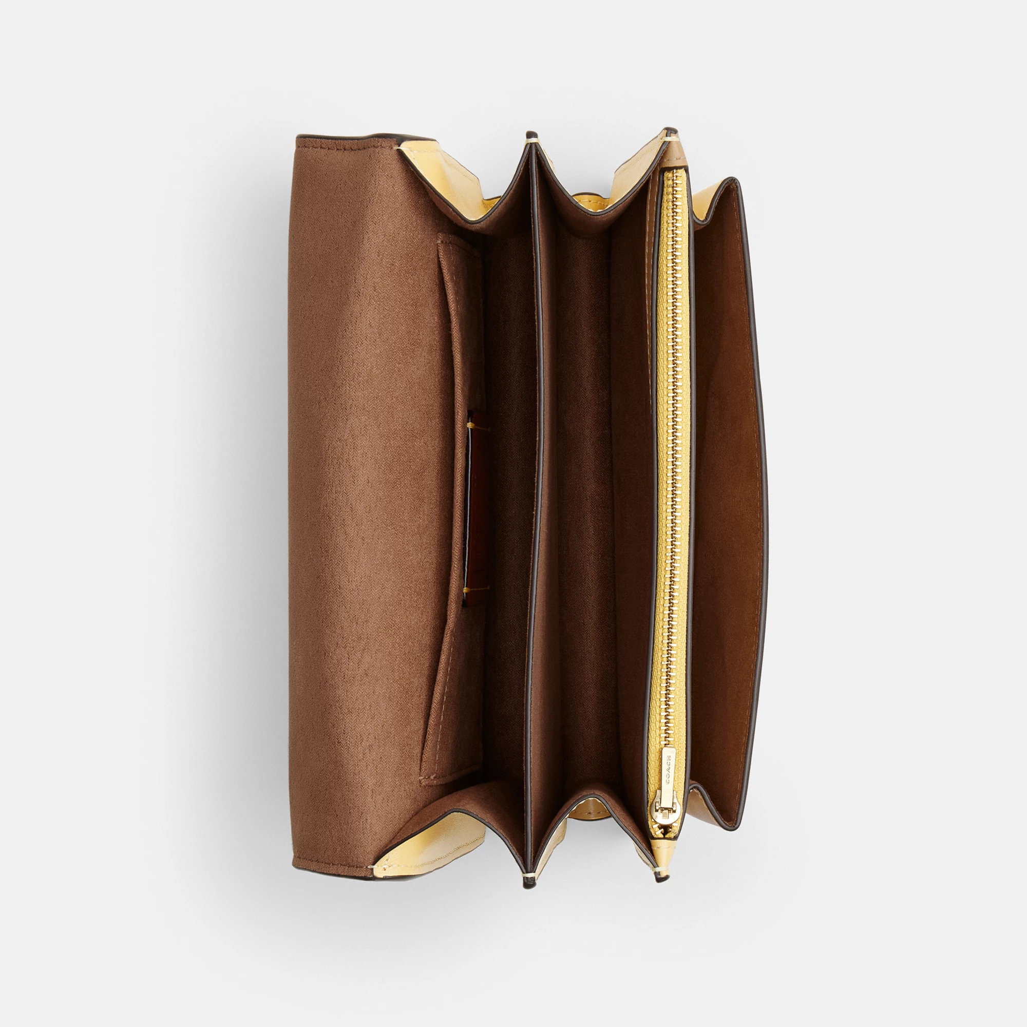 COACH®,Klare Crossbody Bag,Calfskin Leather,Leather,Crossbody,Metal,Logo,Luggage Tag,Adjustable,Lined,Compact,Gold Metal,D...,Gold,Inside View,Top View