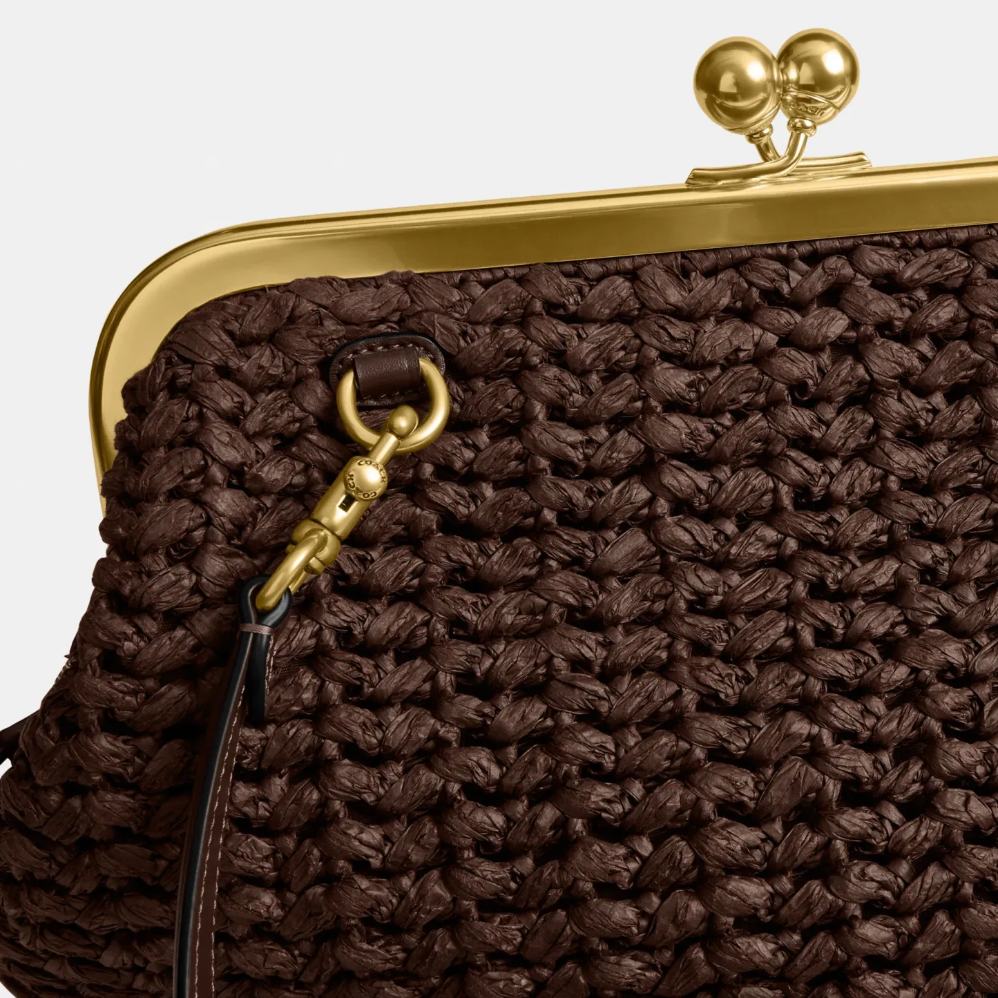 COACH®,Kisslock Frame Bag 27,Cotton,Calfskin Leather,Clutch,Metal Material,Straw,Pendant,Lined,Brass,Day Party,Brown,Closer View