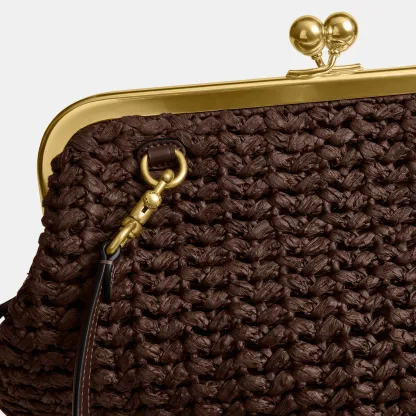 COACH®,Kisslock Frame Bag 27,Cotton,Calfskin Leather,Clutch,Metal Material,Straw,Pendant,Lined,Brass,Day Party,Brown,Closer View