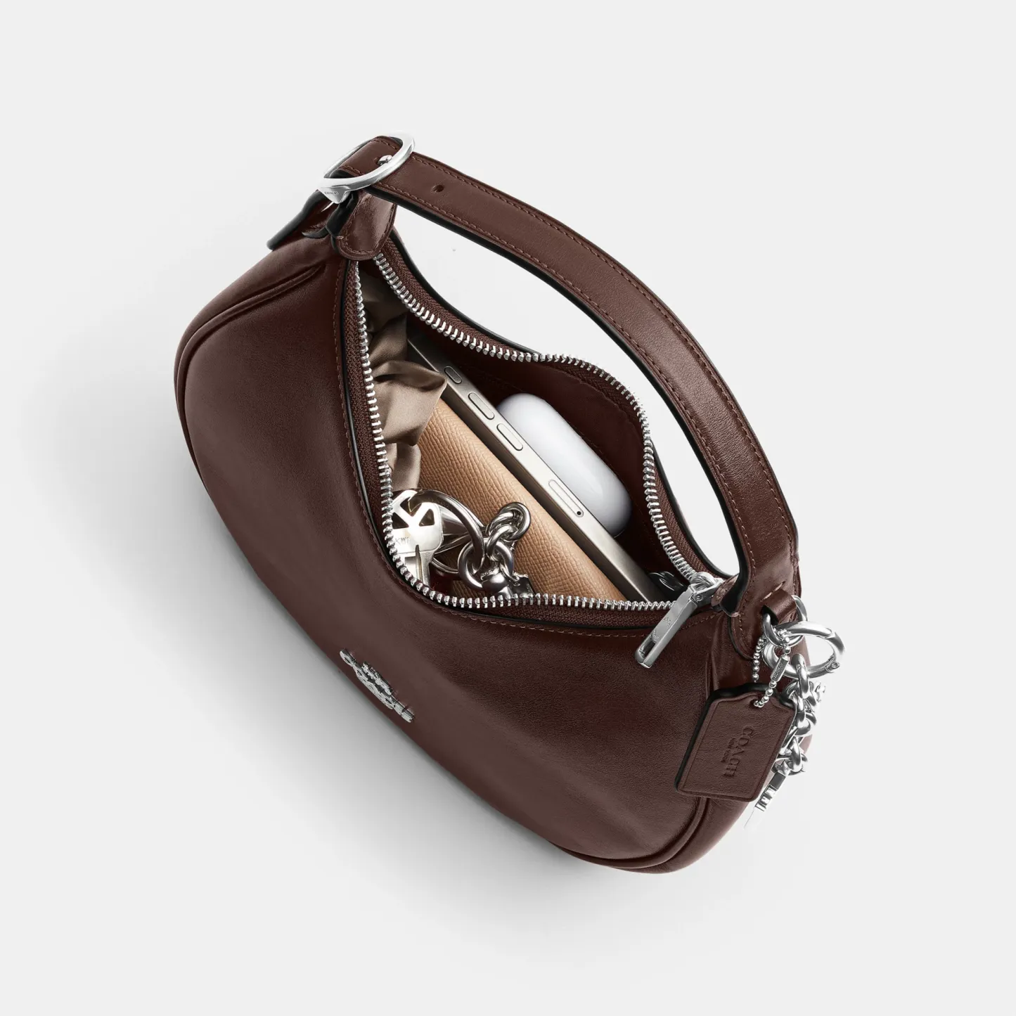 COACH®,Emily Shoulder Bag,Leather,Recycled Polyester,Lining Recycled Polyester,Hobo,Metal Material,3D Embellishment,Metal,...,Brown,Inside View,Top View