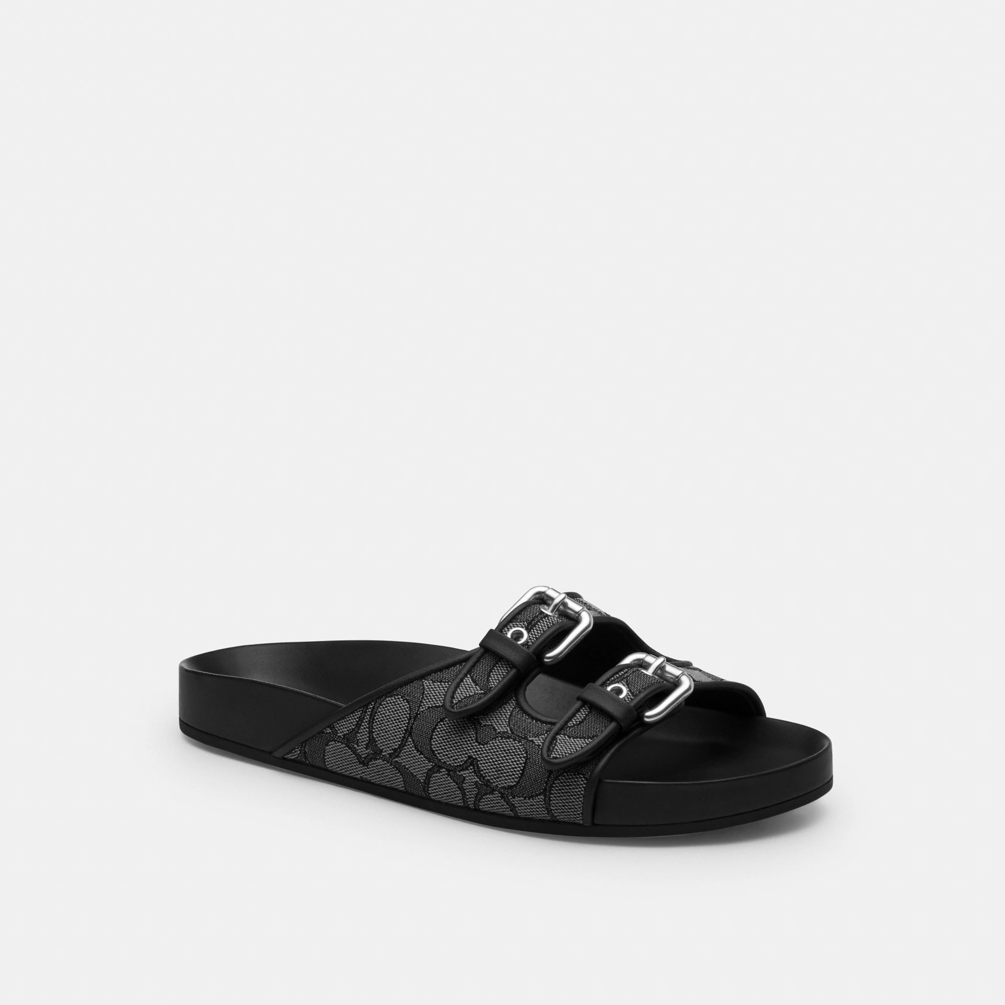 COACH®,Two Band Buckle Sandal In Signature Jacquard,Recycled Polyester,Cotton,Rubber,Polyester,Recycled Cotton,Slides,Fabr...,Black,Front View