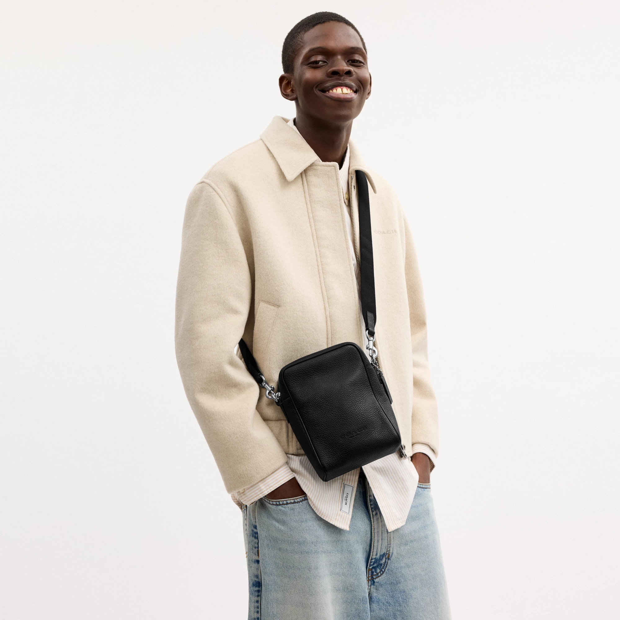 COACH®,Tristan Crossbody Bag 14,Leather,Recycled Polyester,Crossbody,Logo,Convertible,Adjustable,Sustainable,Silver Metal,...,Black,Detail View