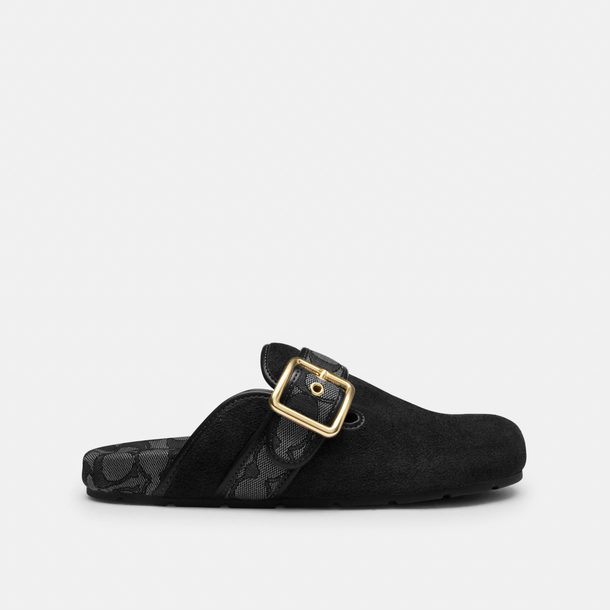 COACH®,Archival Buckle Clog,Rubber,Suede,Clogs,Fabric,Word Embellishment,Logo,Padded Insole,Sustainable,Traction,Cushioned...,Black,Angle View