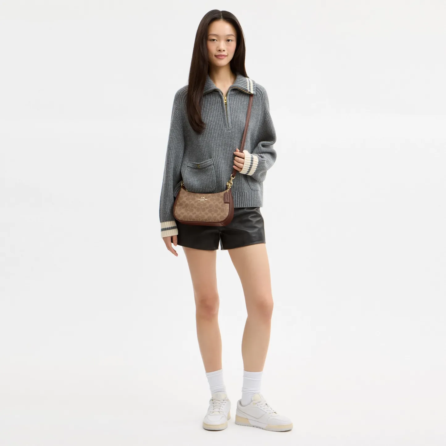 COACH®,Teri Shoulder Bag In Signature Canvas,Shoulder Bag,Logo,Tag Embellishment,Embossed,Metal,Casual,Brown