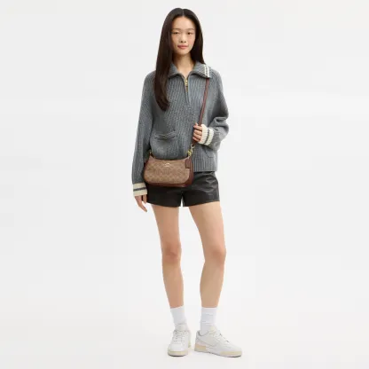 COACH®,Teri Shoulder Bag In Signature Canvas,Shoulder Bag,Logo,Tag Embellishment,Embossed,Metal,Casual,Brown