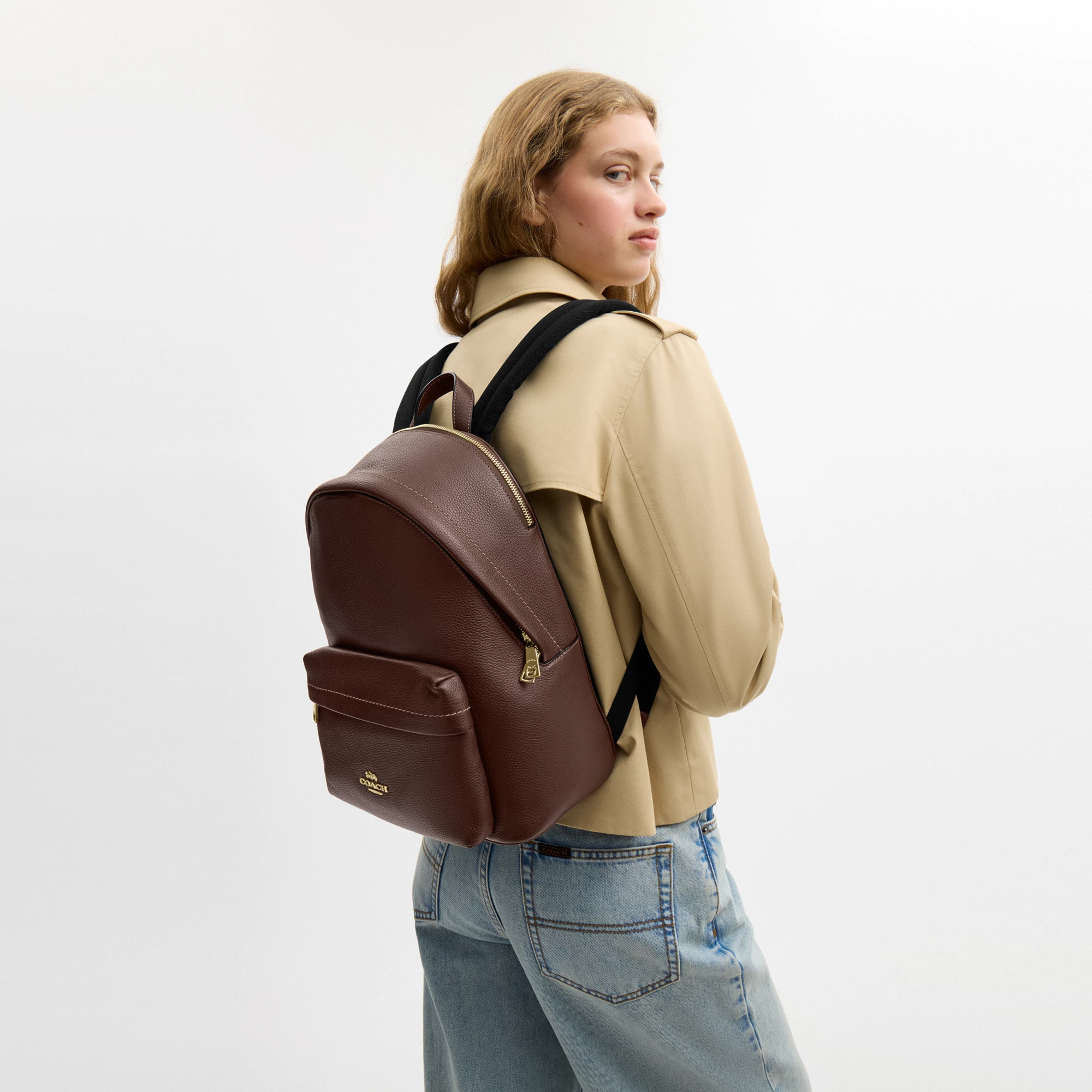 COACH®,Taylor Small Backpack,Recycled Polyester,Leather,Lining Recycled Polyester,Polyester,Backpack,Metal,Logo,Lined,Padd...,Brown,Detail View