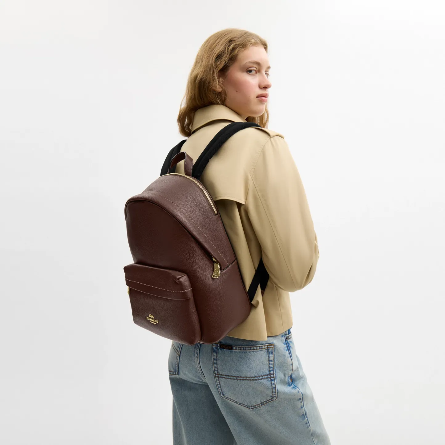 COACH®,Taylor Small Backpack,Recycled Polyester,Leather,Lining Recycled Polyester,Polyester,Backpack,Metal,Logo,Lined,Padd...,Brown,Detail View