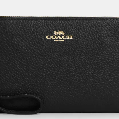 COACH®,Corner Zip Wristlet,Pouch,Wristlet,Silver Metal,Casual,Black