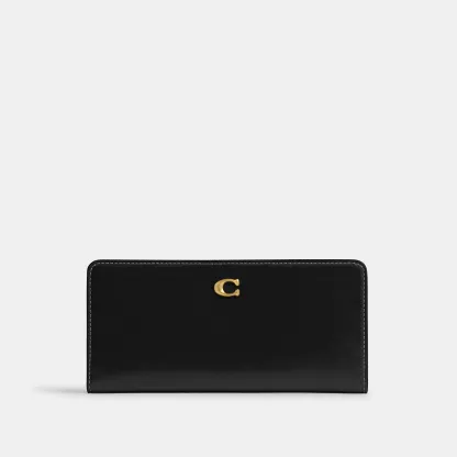 COACH®,Essential Slim Wallet,Leather,Continental,Bi Fold,Logo,Metal,Casual,Black,Front View