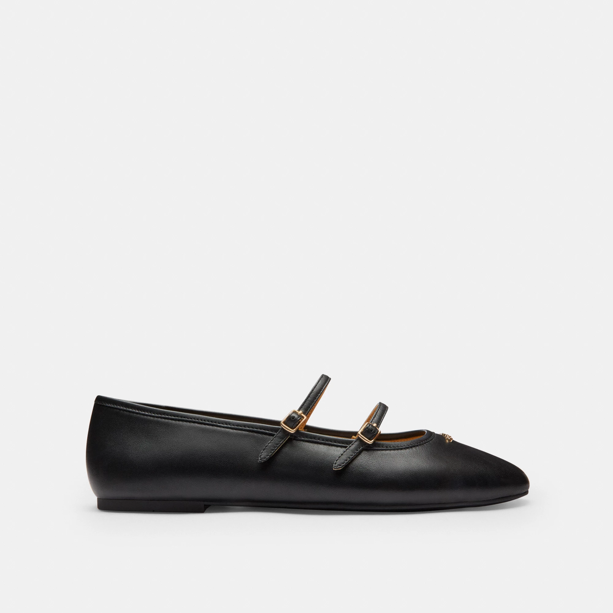 COACH®,Double Buckle Mary Jane,Leather,Rubber,Flats,Cushioned,Traction,Casual,Black,Angle View