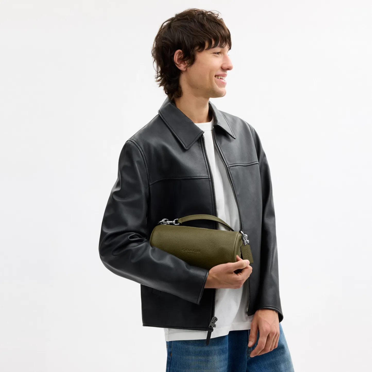 COACH®,Andre Barrel Bag 24,Recycled Polyester,Leather,Barrel Bag,Logo,Adjustable,Sustainable,Silver Metal,Casual,Olive,Detail View