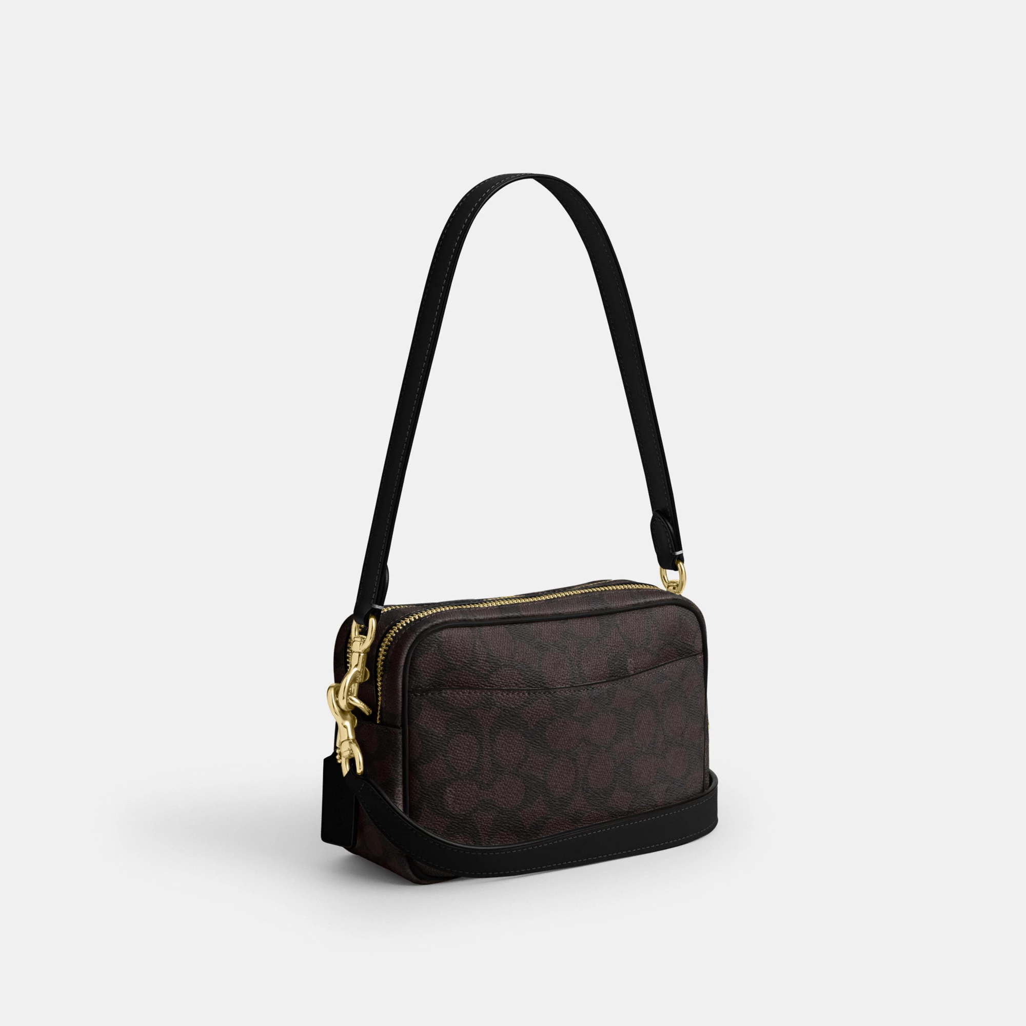 COACH®,Mini Carey Crossbody Bag In Signature Canvas,Polyester,Leather,Canvas,Crossbody,Metal Material,Logo,Metal,Piping,Pe...,Brown,Angle View