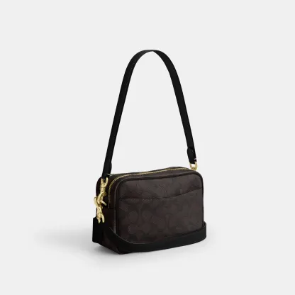 COACH®,Mini Carey Crossbody Bag In Signature Canvas,Polyester,Leather,Canvas,Crossbody,Metal Material,Logo,Metal,Piping,Pe...,Brown,Angle View