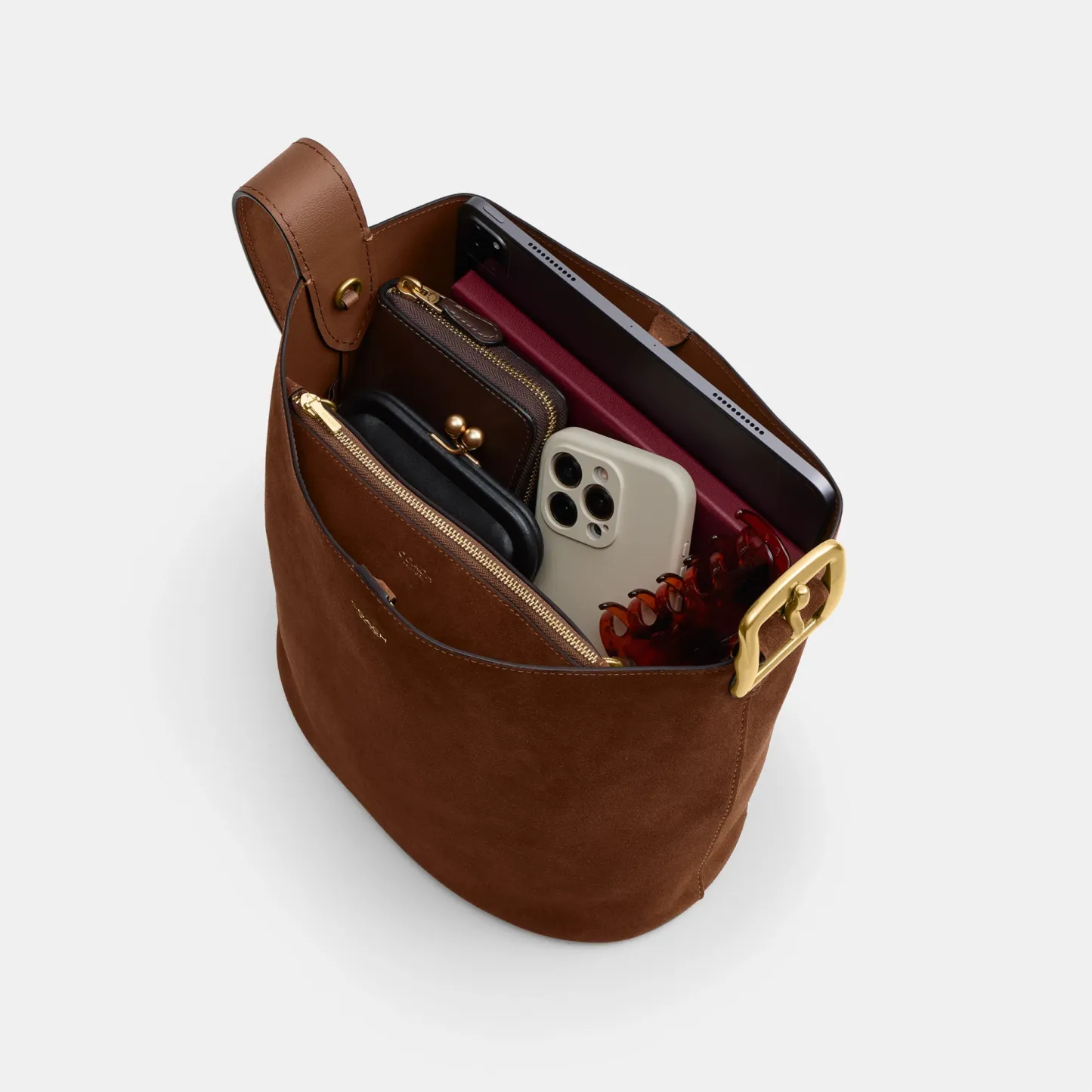 COACH®,Bleecker Bucket Bag,Leather,Suede,Bucket,Hobo,Embellished,Lined,Adjustable,Gold Metal,Casual,Brown,Inside View,Top View