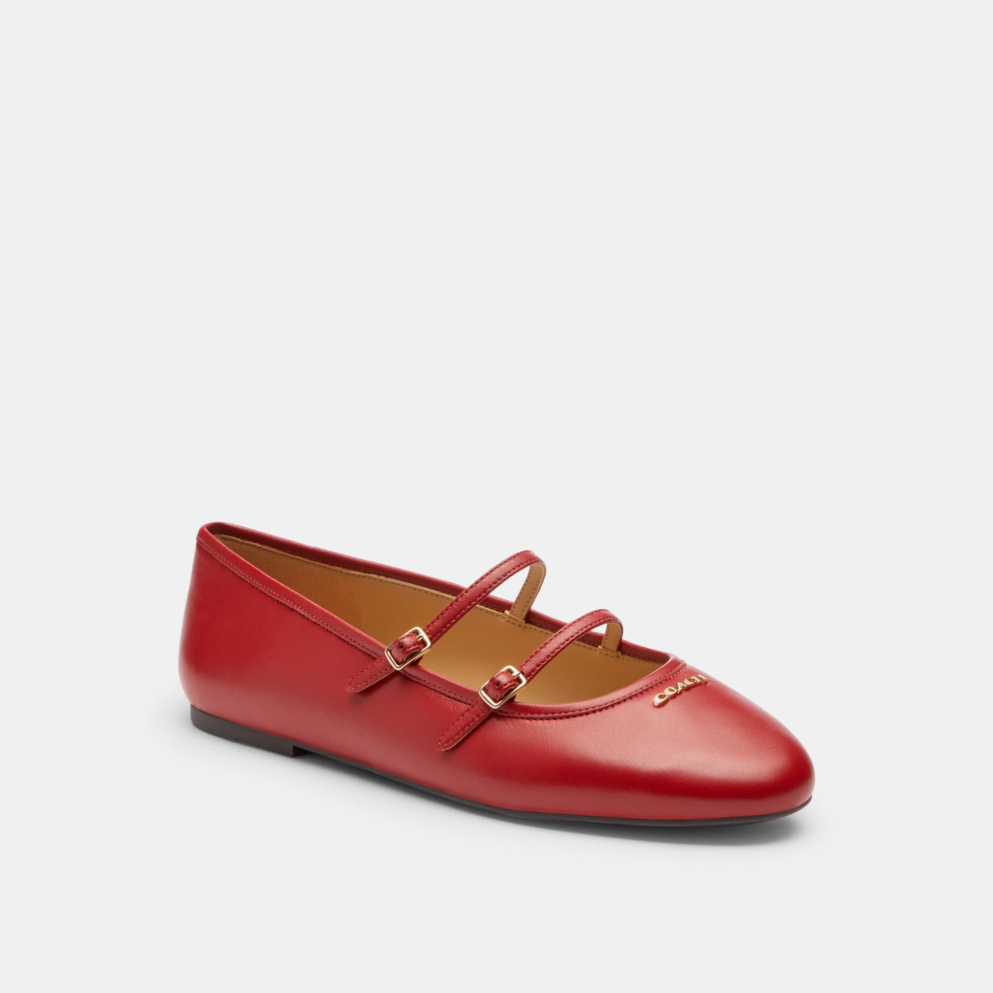 COACH®,Double Buckle Mary Jane,Leather,Rubber,Flats,Cushioned,Traction,Casual,Red,Front View
