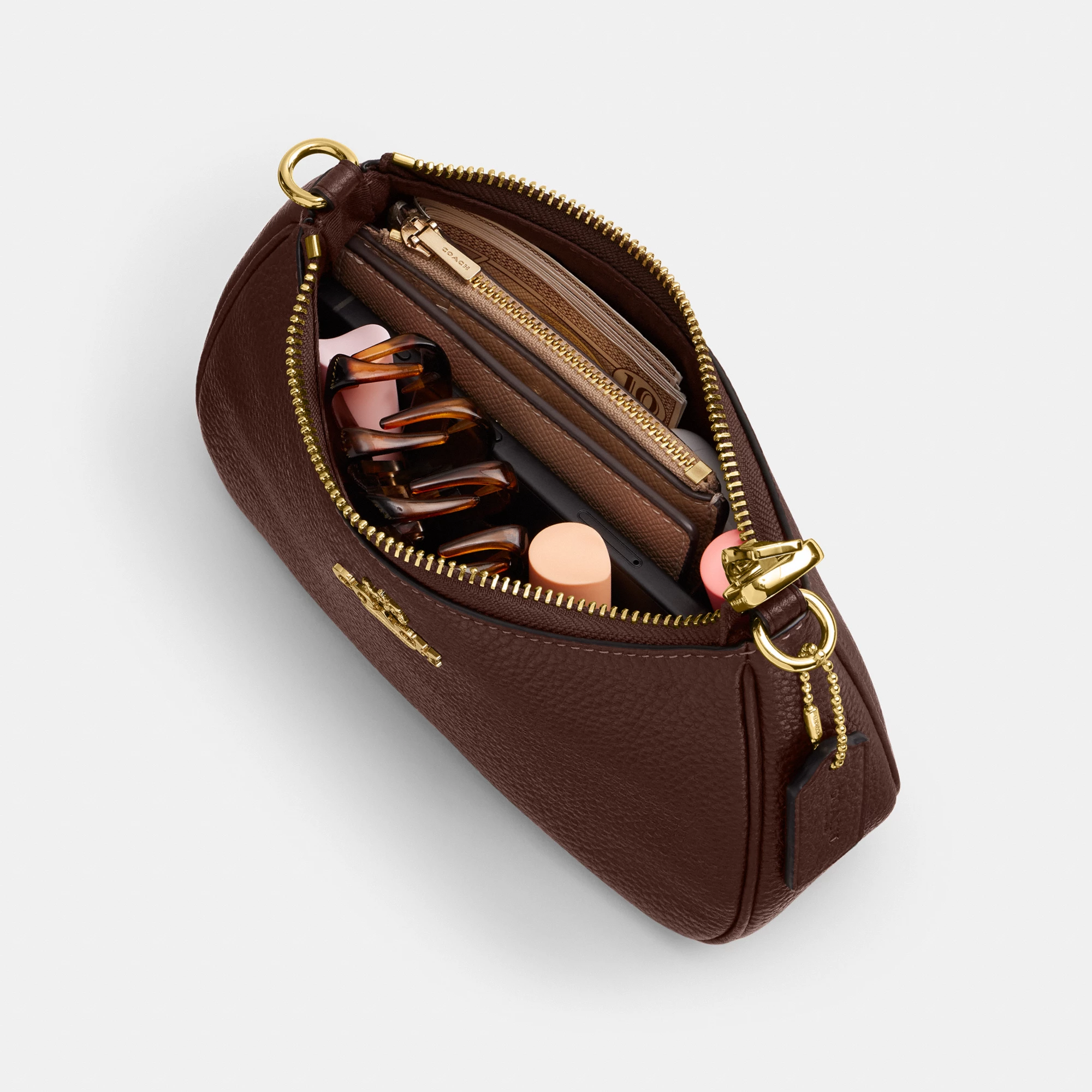 COACH®,Teri Mini Crossbody Bag,Leather,Recycled Polyester,Crossbody,Logo,Adjustable,Compact,Gold Metal,Casual,Brown,Inside View,Top View