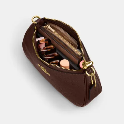 COACH®,Teri Mini Crossbody Bag,Leather,Recycled Polyester,Crossbody,Logo,Adjustable,Compact,Gold Metal,Casual,Brown,Inside View,Top View