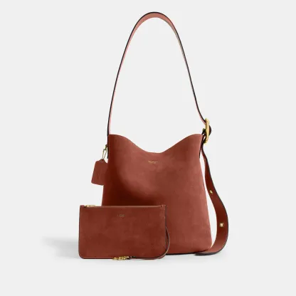 COACH®,Bleecker Bucket Bag,Leather,Suede,Bucket,Hobo,Embellished,Lined,Adjustable,Gold Metal,Casual,Brown,Angle View