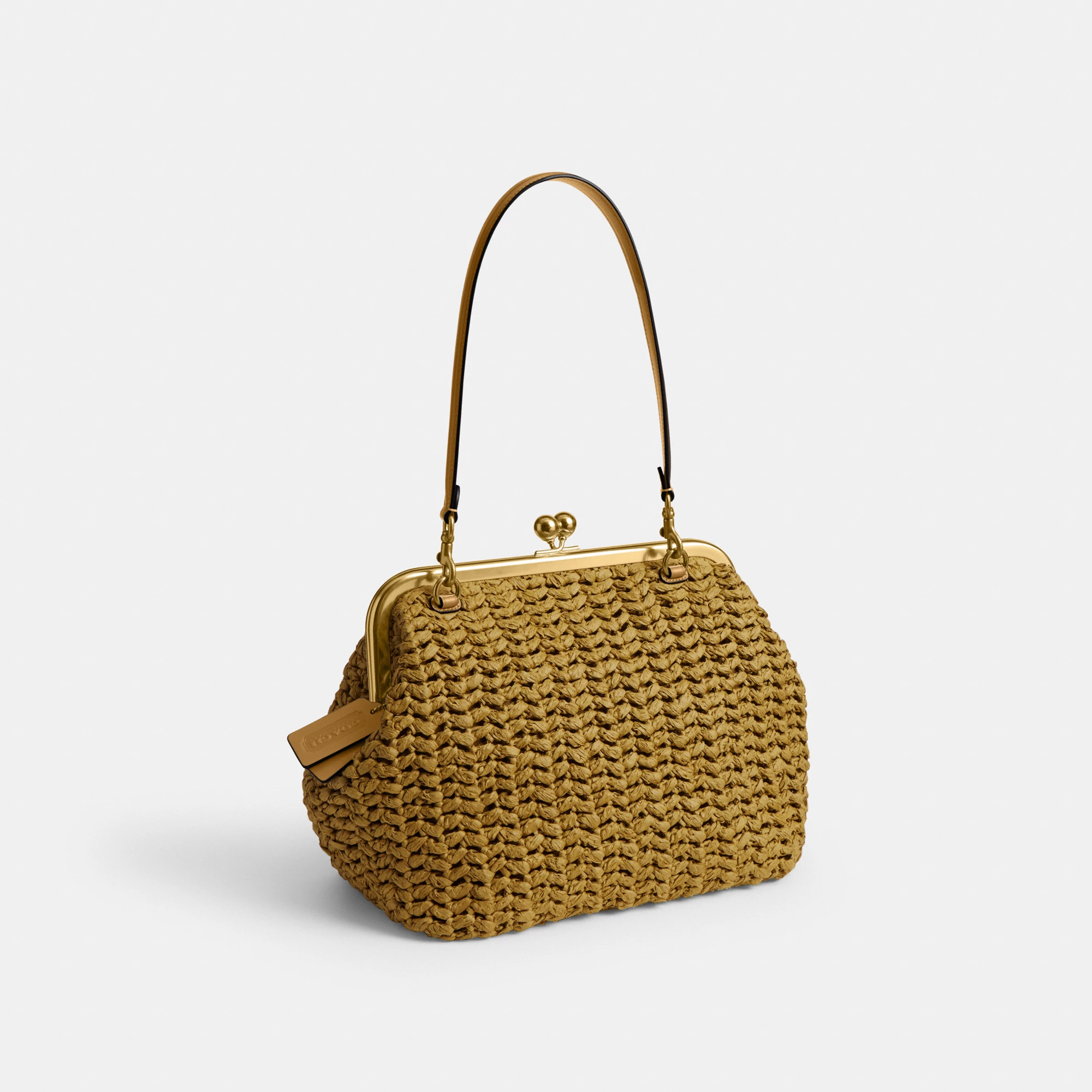 COACH®,Kisslock Frame Bag 27,Cotton,Calfskin Leather,Clutch,Metal Material,Straw,Pendant,Lined,Brass,Day Party,Beige,Angle View