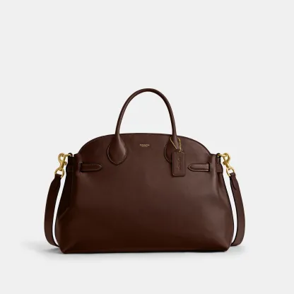 COACH®,Soft Empire Carryall Bag 40,Leather,Carryall,Logo,Gusset,Gold Metal,Work,Brown,Front View