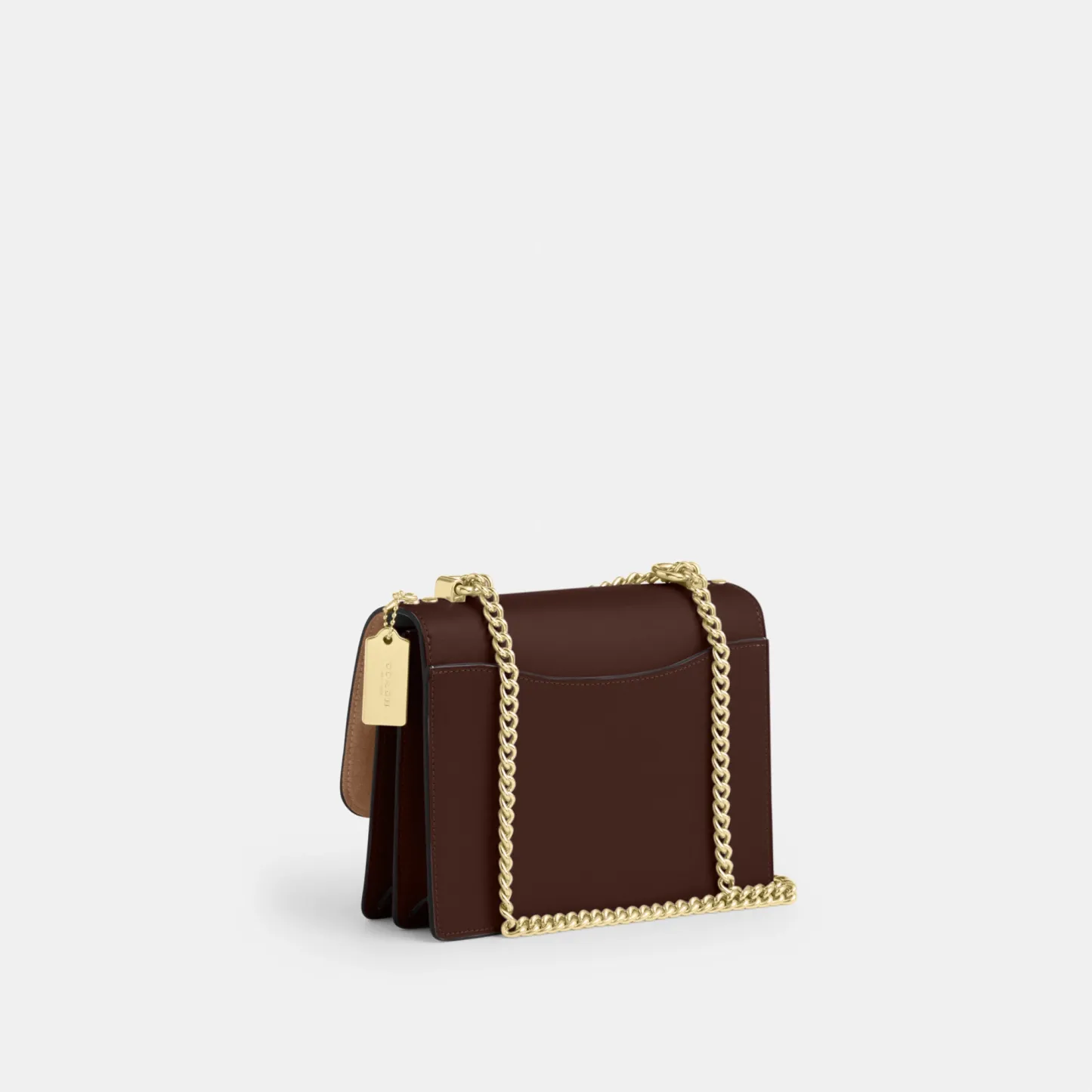 COACH®,Klare Crossbody Bag,Calfskin Leather,Leather,Crossbody,Metal,Logo,Luggage Tag,Adjustable,Lined,Compact,Gold Metal,D...,Brown,Angle View